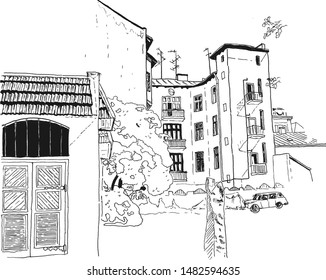 Vector sketch of street scene in Lviv, Digital ink illustration.