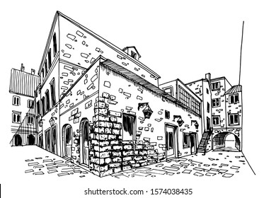 Vector sketch of street scene in old Dubrovnik. Croatia

