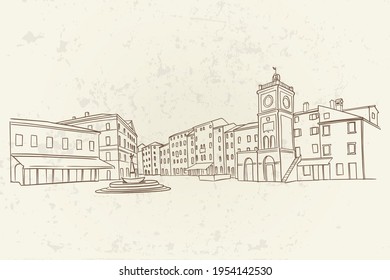 Esbozo vectorial de la escena de la calle en la antigua ciudad mediterránea de Rovinj, Croacia.