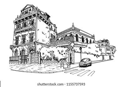 Vector sketch of street scene in Rome, Italy.