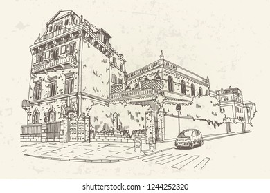 Vector sketch of street scene in Rome, Italy.