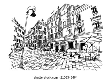 Vector sketch of street scene in Rome, Italy.