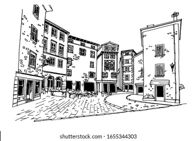 vector sketch of street scene in Rovinj. Croatia.