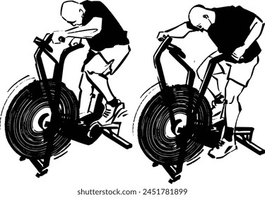 Boceto de Vector del hombre fuerte en forma haciendo un ejercicio de bicicleta de asalto