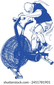 vector sketch of the strong fit man doing an assault bike exercise