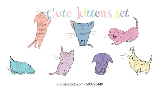 Vector sketch style cute little kittens set. Doodle funny characters isolated on white background. Best for T-shirts print.