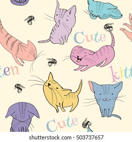 Vector sketch style cute little kittens seamless pattern. Doodle funny characters isolated on white background. Best for T-shirts print.