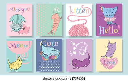 Vector sketch style cute little kitten banners set. Funny characters with text on bright colorful background. Can be used as book illustration, copybook or children products design, T-shirt print