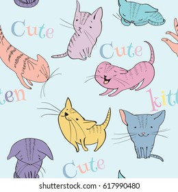 Vector sketch style cute little kittens seamless pattern on blue background. Doodle cartoon funny characters. Best for wrapping paper, T-shirts print.