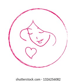 Vector sketch style hand-drawn smiling girl face outlines and a heart symbol in a circle frame. 