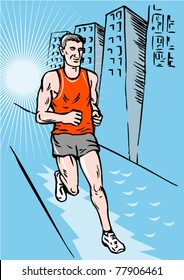 vector sketch style illustration of a jogger or marathon runner running race in street with buildings in background