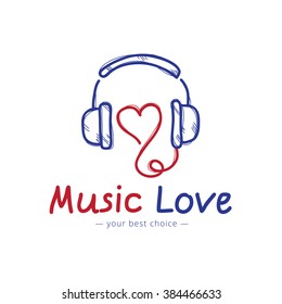 Vector sketch style music store logo. Headphones and heart logotype.