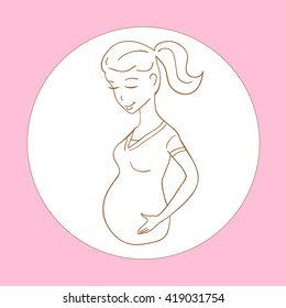 Vector sketch style pregnant woman outline in a circle. Pregnancy logo. Prenatal care logo. Maternity logo. Vector logo. Hand-drawn logo. Woman with baby bump logo. Young pregnant woman logo pink