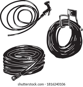 Vector, sketch style set of hoses for garden works, black on white, hand drawn 