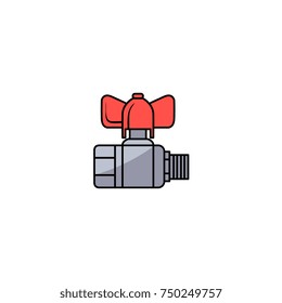 vector sketch style water valve with red fitting. Equipment for plumbing services, plumbing repairing. Isolated illustration on a white background.