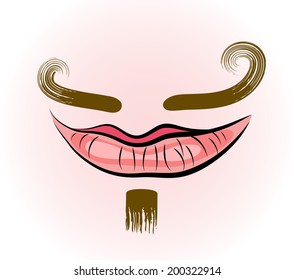 Vector sketch of stylish human moustaches and lips. Retro image.