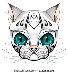 Vector sketch of a stylized feline face with big eyes