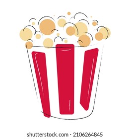 Esbozo vectorial ilustración estilizada de una cubeta llena de maíz pop en un fondo blanco. Comida de cine. Salado o dulce o caramelo. Arte descuidado de línea simple