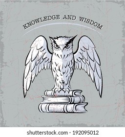 Vector sketch of stylized owl, which sits on the books.