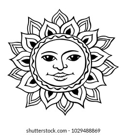 Vector sketch of a stylized sun with a female face. Ancient symbol of life. The pagan goddess is the universe. Hand drawn illustration.