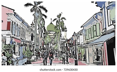 vector sketch of Sultan Mosque Singapore in illustration.