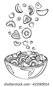 Vector Sketch Of Summer Salad.Fruit Salad Ingredients In The Air. Kiwi,cherry,strawberry,peach And Blueberry In Glass Bowl Isolated On White Background