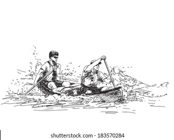 Vector sketch Summer sport adventure people in canoe on wave