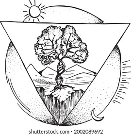 Vector sketch of the sun and moon with a triangle in the center and the tree of life