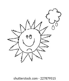 Vector sketch of sun with smiling face on white background.