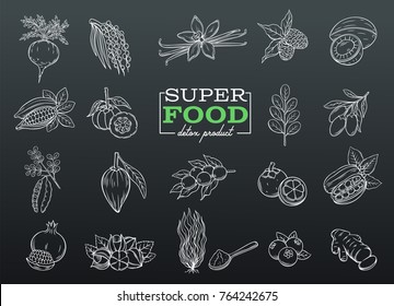 Vector sketch superfood icons set. Healthy detox natural hand drawn product of lucuma, coji berries, mangosteen, and maca. Carob, camu camu, garcinia cambogia, ginger, moringa, acai, guarana and noni.