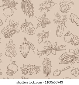 Vector sketch superfood seamless pattern. Healthy detox natural product illustration for design market. Retro style.