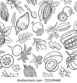 Vector sketch superfood seamless pattern. Healthy detox natural product illustration for design market menu.