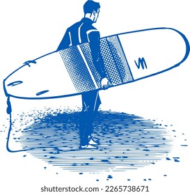 vector sketch of the surfer with surfboard on the ocean beach