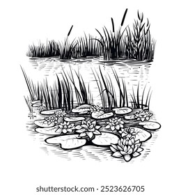 Vector sketch of swamp or river landscape with waterlilies, reed and cattails by the water's edge. The monochrome sketch with silhouettes of water plants.