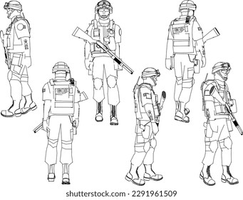 Esbozo vectorial de la muestra de soldados de la policía de la guardia nacional de swat