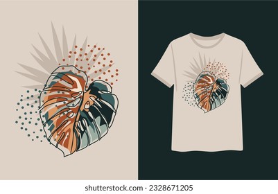 Vector sketch of t shirt with print with monstera and palm leaves. Fashion design. T shirt mock up. Fashion Print design idea