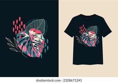 Vector sketch of t shirt with print with monstera and palm leaves. Fashion design. T shirt mock up. Fashion Print design idea