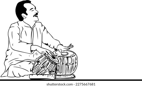 Esbozo vectorial del Tabla Player, Esbozando el alma de la música clásica india Un joven con tabla, tocando los ritmos de la tradición: Esbozo de un joven músico de tabla