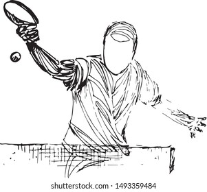 Vector sketch of a table tennis player hitting the ball with a forehand shot. Dynamic hand-drawn lines emphasize motion, energy, and precision across the net on a white background.