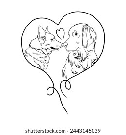 Vector sketch, tattoo, labrador and corgi. Illustration for tattoo, coloring book, postcard, print, décor.