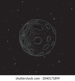 Vector sketch tattoo moon stylized as engraving. Astronomical linear isolated illustration of satellite with craters and stars on black background