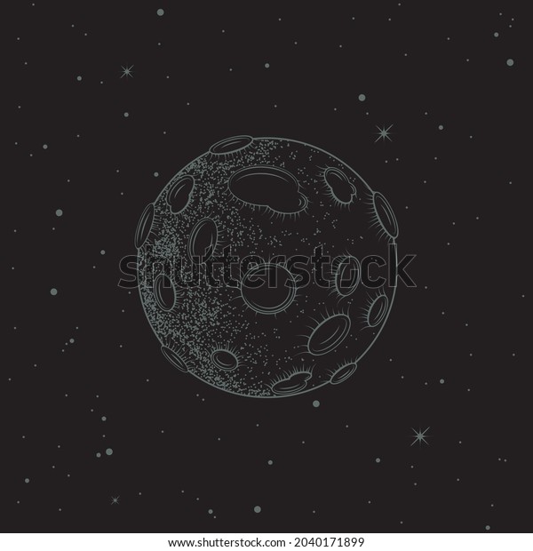 Vector sketch tattoo moon stylized as\
engraving. Astronomical linear isolated illustration of satellite\
with craters and stars on black\
background