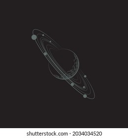 Vector Sketch Tattoo Planet With Rings And Moons. Isolated Outline Retro Gray Sign Of Saturn Stylized As Engraving On Black Background. Astronomical Object Illustration