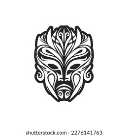 Vector sketch of a tattoo of a Polynesian mask in black and white.