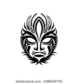 Eine Vektorskizze einer Tätowierung einer polynesischen Maske in Schwarz-Weiß.