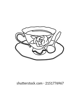 Esbozo vectorial de una pareja de té, una taza de té y un platillo. Ilustración de una bebida caliente en blanco y negro.