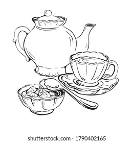 Vector sketch of tea set with cup, saucer, teapot and jam outline isolated