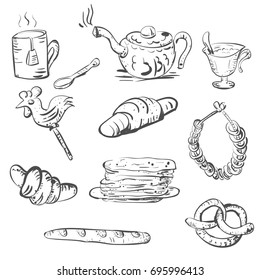 Vector sketch of tea set and pastry and sweets