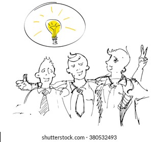 Vector sketch of team workers with the light bulb. Team work, start up, partnerships business conception.