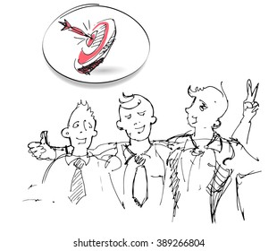 Vector sketch of team workers with the target. Team work, start up, partnerships business conception